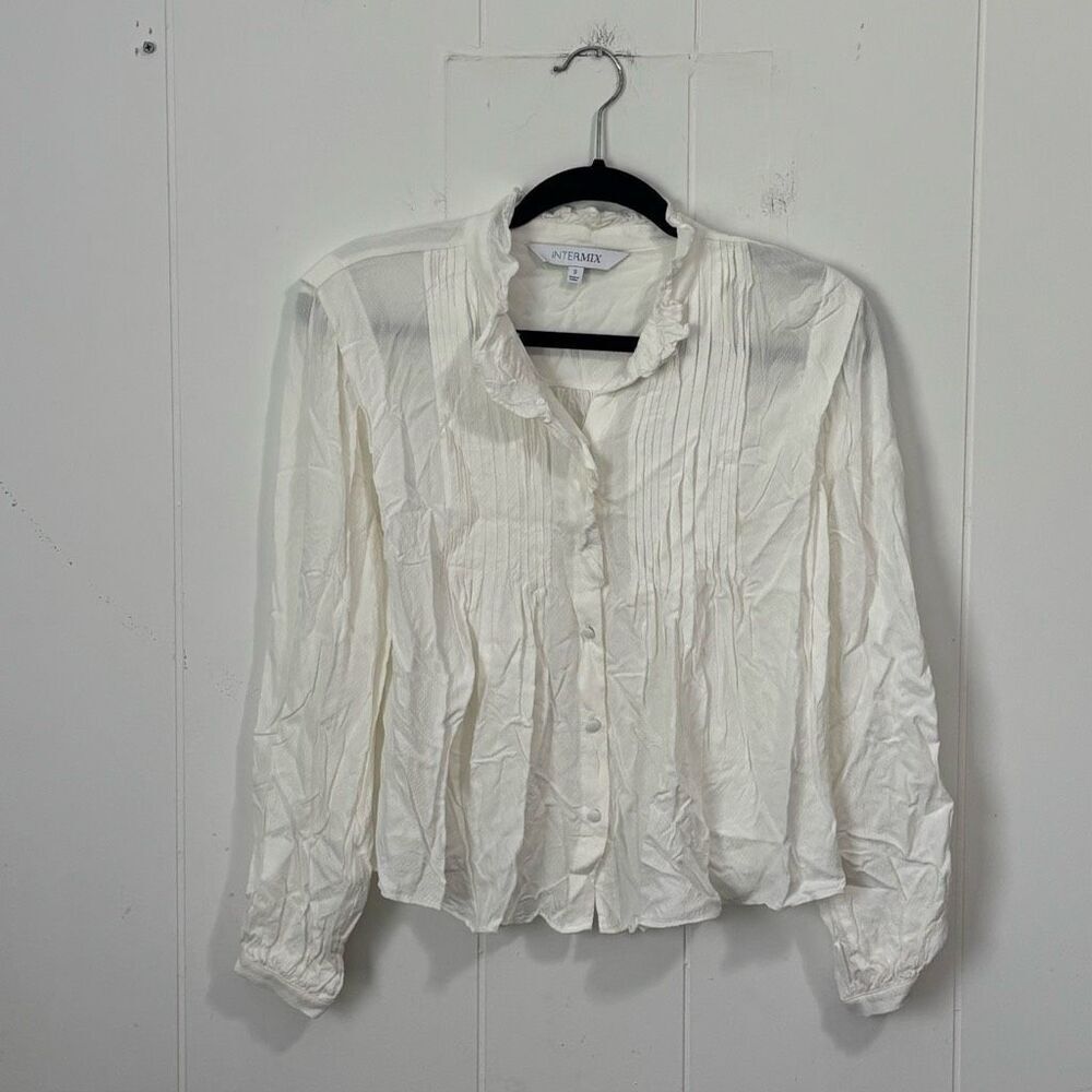 Intermix White Textured Pleated Button Down Blouse‎ Small Classic